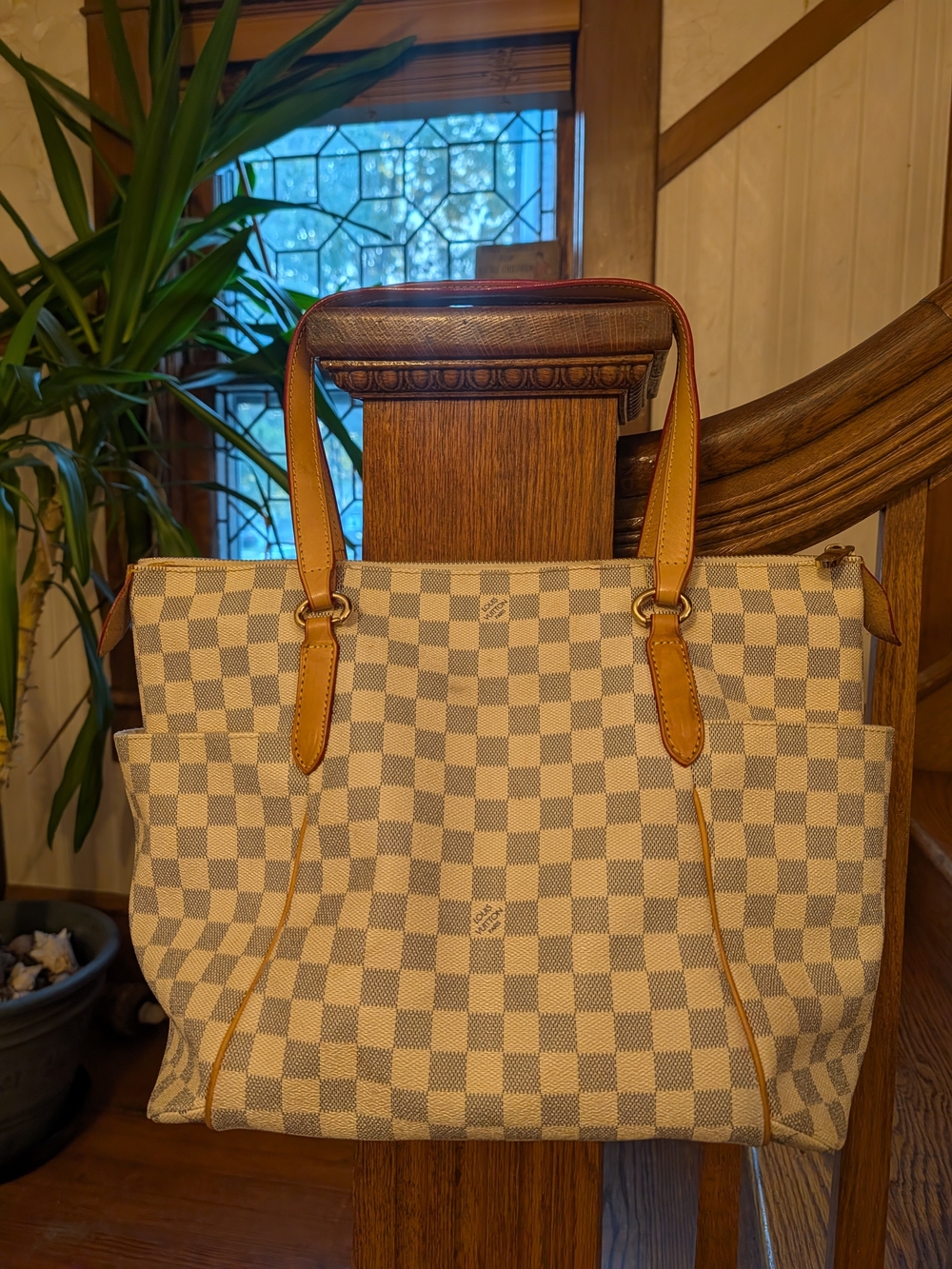 Louis Vuitton Damier Azur Blue White Shoulder Tote with Tan Leather Handles